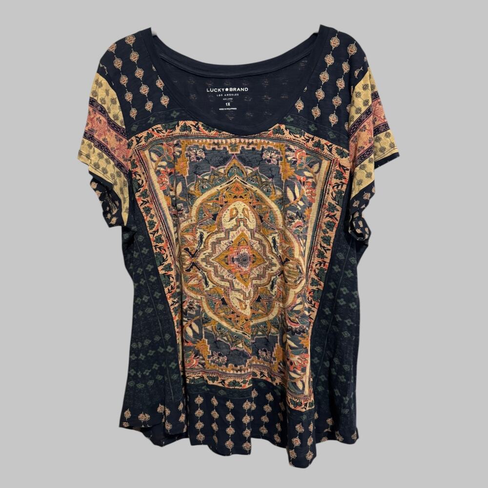 Lucky Brand Women's Navy Short Sleeve Tunic Top Bohemian Hippie Indie Size 1X - Picture 10 of 10